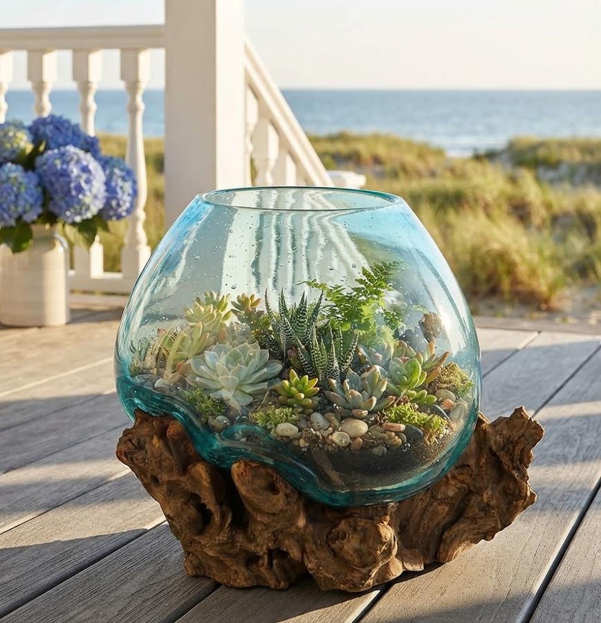 Hand-blown glass and driftwood terrarium on a desk